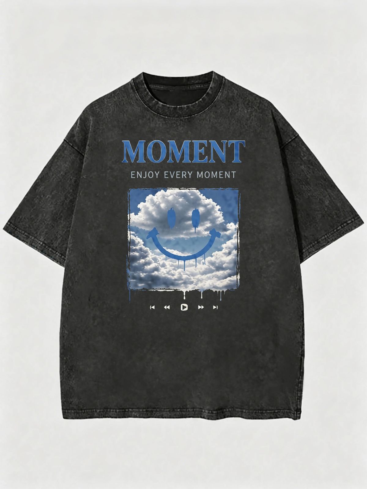 Vintage Washed "MOMENT Enjoy Every Moment" Smiley Graphic 230g Cotton T-Shirt Men's Casual Streetwear Tee_viptrois.com