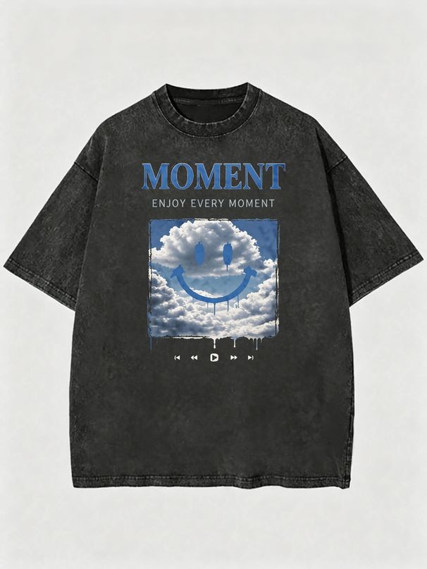 Vintage Washed "MOMENT Enjoy Every Moment" Smiley Graphic 230g Cotton T-Shirt Men's Casual Streetwear Tee_viptrois.com