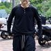 Men's Clothing Autumn New Henry Collar T Shirt Casual Solid Color Long Sleeve Loose Tops_viptrois.com