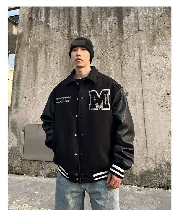 Men's Retro Baseball Jacket – Oversized Vintage Style With Contrast Color & Embroidered Details, Streetwear Outerwear_viptrois.com