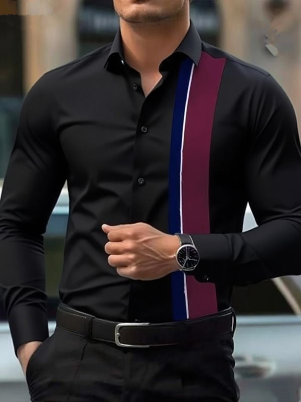 Men's Shirt 2025 Four Sided Stretch Thin Color Matching Business Daily Casual Shirt Men's Long Sleeve_viptrois.com