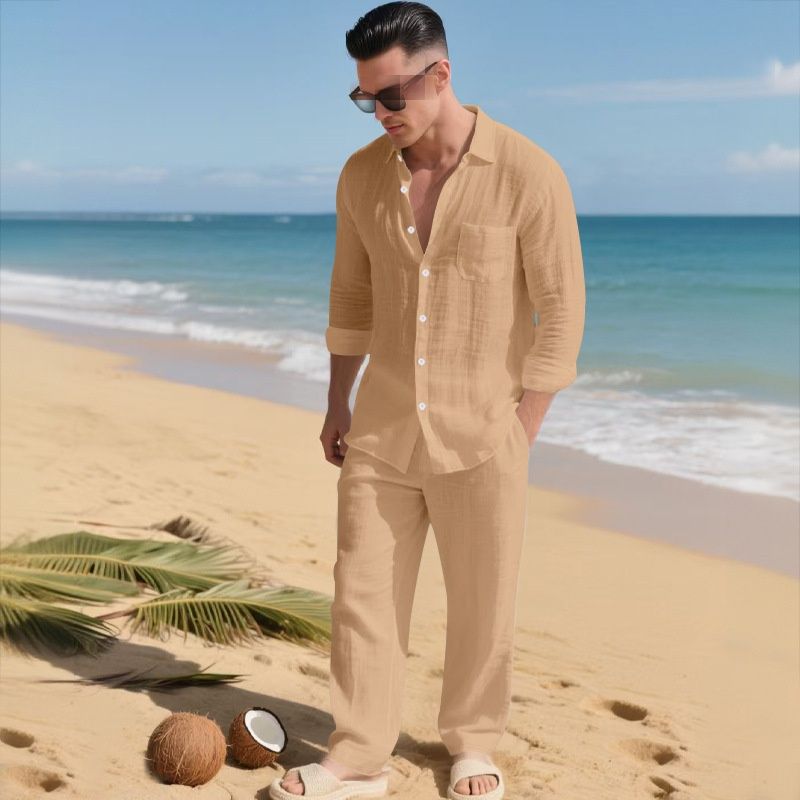 New Linen Autumn Men's Suit - Beach Casual Loose Collar Shirt, Long Sleeves, Long Pants Set For Men_viptrois.com