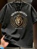 Summer Washed Cotton T-Shirt, Men's Golden Society Lion Crest Print, Luxury Casual Style, Oversized Tee_viptrois.com