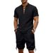 Men's Summer Linen Shorts Set Trendy Casual Loose Fitting Drawstring Stand Collar Short Sleeved Breathable European American Style_viptrois.com