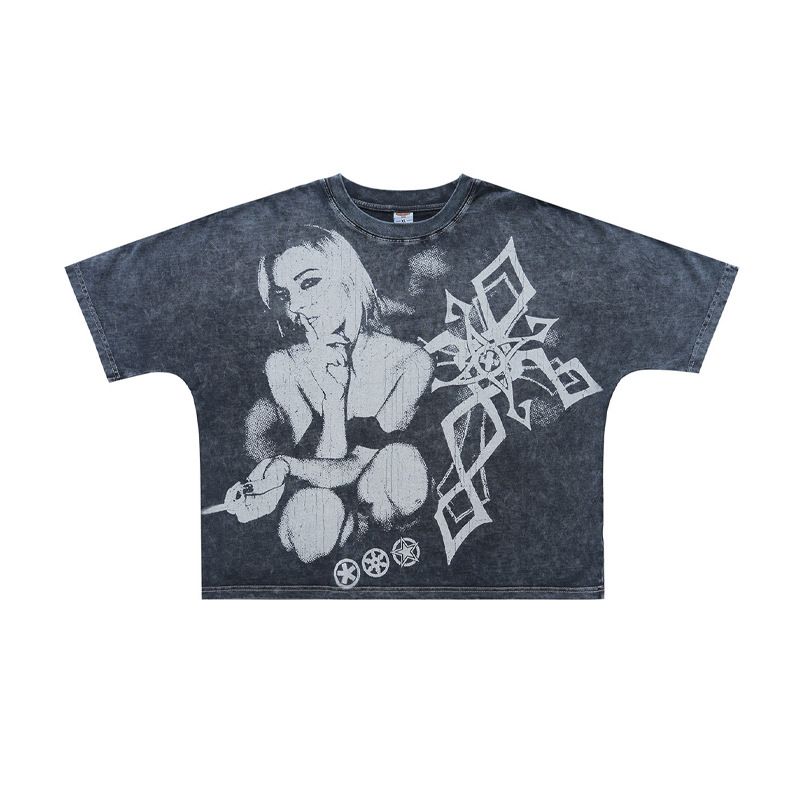 American-syle Washed Disressed Shor T-shir Wih Full Porrai Prin And Oversized Design, One-piece Raglan_viptrois.com
