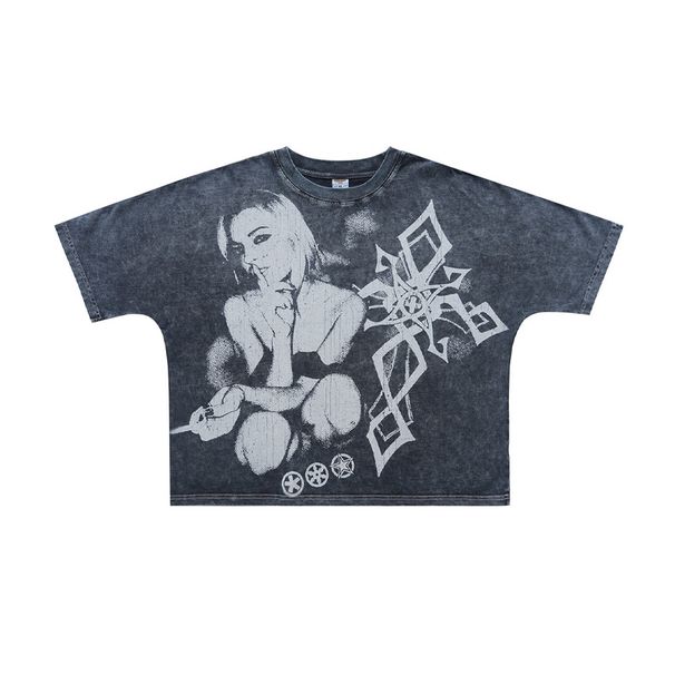 American-syle Washed Disressed Shor T-shir Wih Full Porrai Prin And Oversized Design, One-piece Raglan_viptrois.com