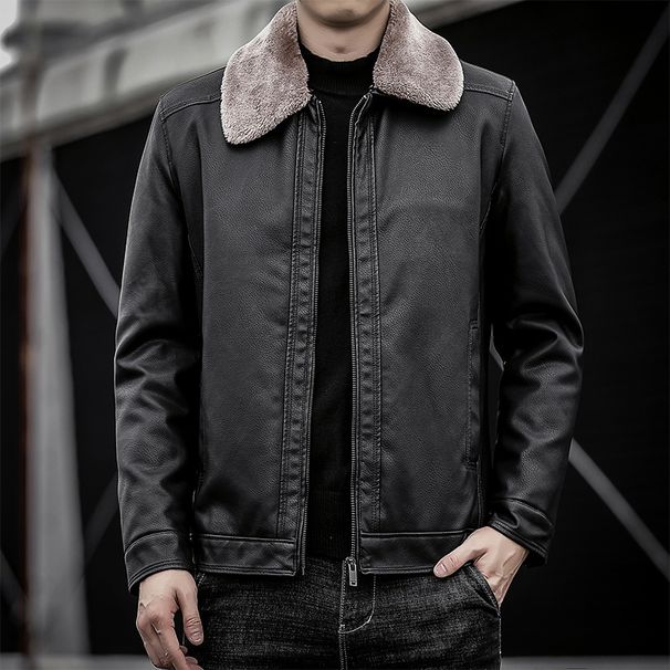 Men's Clothing Fleece-lined pu Leather Clothing Youth Lapel Warm Middle-aged and Elderly Dad's Coat Business Jacket _viptrois.com