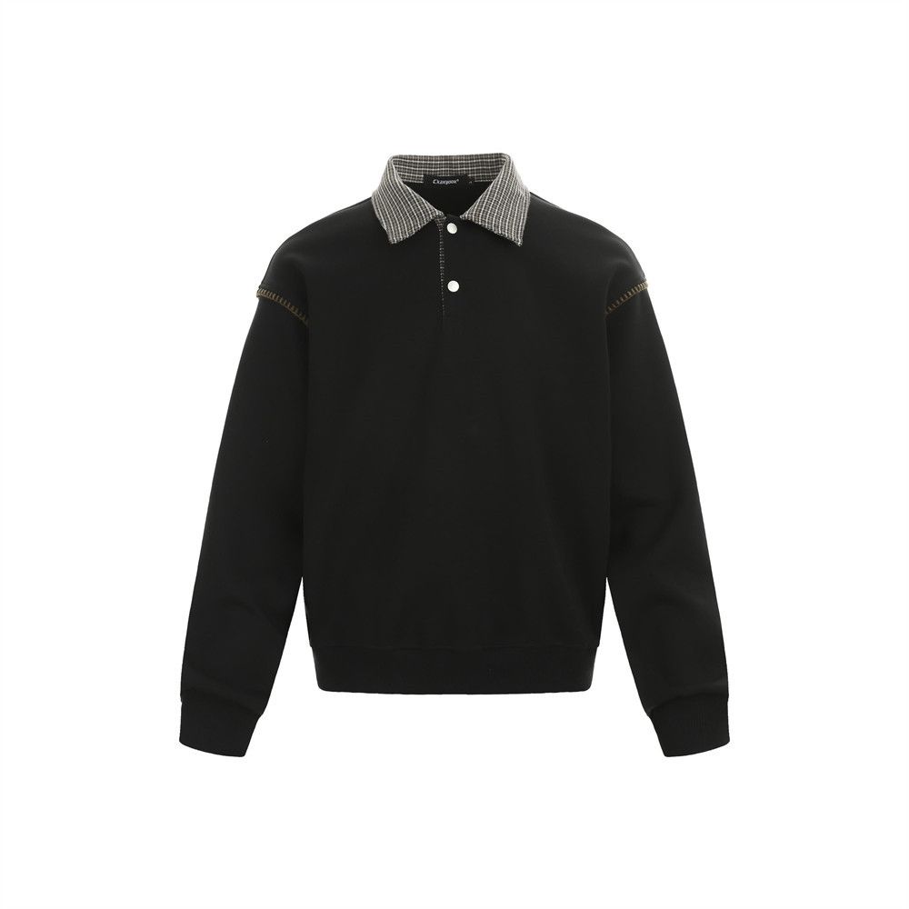 American High Street Men's Trendy Loose Spring And Autumn Plaid Lapel Color Block Pullover Sweatshirt_viptrois.com