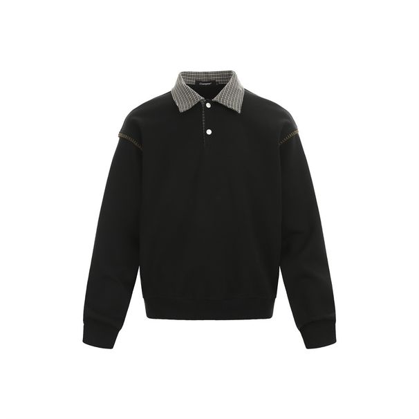 American High Street Men's Trendy Loose Spring And Autumn Plaid Lapel Color Block Pullover Sweatshirt_viptrois.com