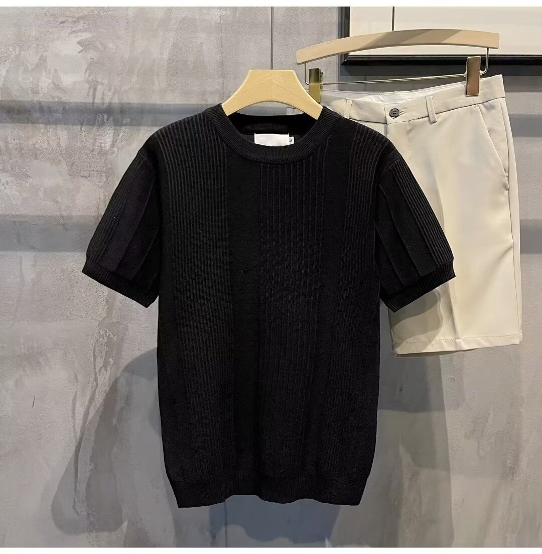 Men's Clothing T Shirt Solid Color Vertical Stripes Breathable Short Sleeve Knit T-Shirt - Solid & Striped Casual Round Neck Tee For Summer_viptrois.com