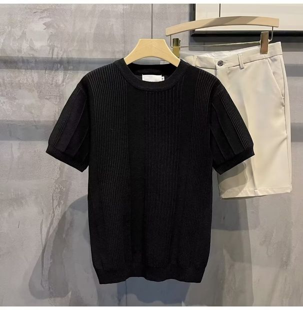 Men's Clothing T Shirt Solid Color Vertical Stripes Breathable Short Sleeve Knit T-Shirt - Solid & Striped Casual Round Neck Tee For Summer_viptrois.com