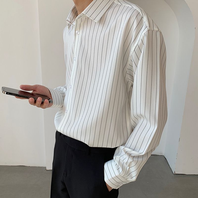 Men's Clothing Black And White Striped Casual Shirt Men's Long Sleeved Handsome Inner Wear Clothes Free Ironing Black Men's Shirt Spring And Autumn_viptrois.com