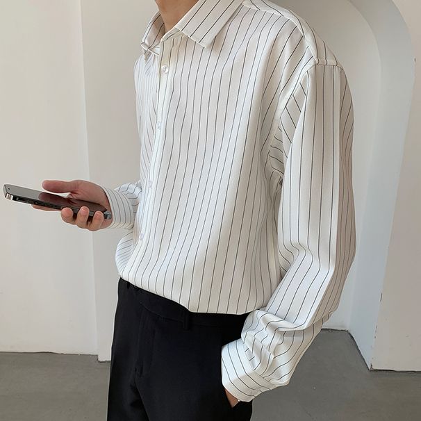 Men's Clothing Black And White Striped Casual Shirt Men's Long Sleeved Handsome Inner Wear Clothes Free Ironing Black Men's Shirt Spring And Autumn_viptrois.com