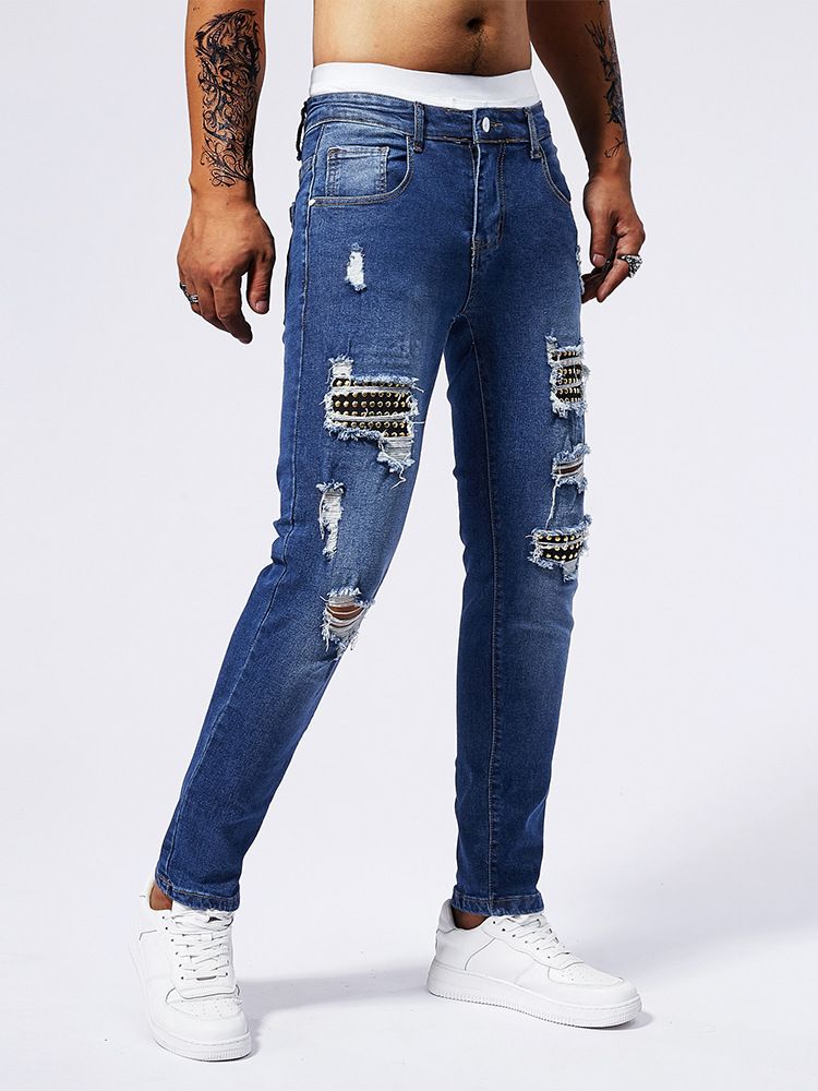 Men's Clothing Patch Rivet Jeans Men's Blue Elastic Small Straight Leg Slim Hole Jeans_viptrois.com