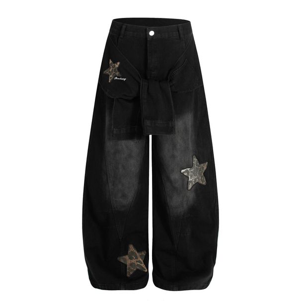American High Street Lace-Up Denim Wide-Leg Men's Niche Design Five-Pointed Star Personalized Patch Embroidery Scimitar_viptrois.com