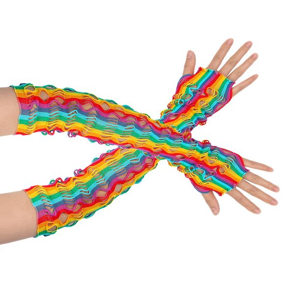 Women's Rainbow Fishnet Gloves - Colorful Hollow Mesh, Sexy Dance & Festival Party Costume Accessories (Stretchy & Glamorous)_viptrois.com