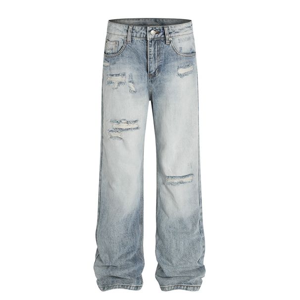 Distressed Washed Gradient Denim Men's Punk Trendy Floor-Length Frayed Vintage Wide-Leg Straight Pants_viptrois.com