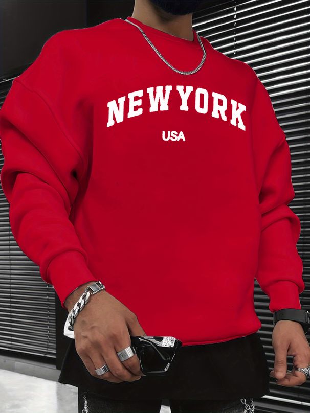 Men's Loose Casual Fashion New York USA Letter Pattern Printed Round Neck Long Sleeved Sweatshirt For Autumn And Winter_viptrois.com