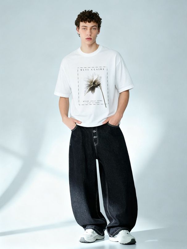 European Trendy Light Luxury Men's Short Sleeve T-Shirt, Abstract Flower NUIT CLAIRE Print, High-end Casual Streetwear Tee_viptrois.com