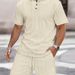 Men's Clothing Summer Men's New Jacquard Button Solid Color Lapel Short Sleeved T Shirt Shorts Casual Suit_viptrois.com