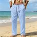 Men's Casual Linen Trousers mid Waist Straight Leg Bohemian Beach Pants Loose Fit Summer Black Solid Color Polyester_viptrois.com