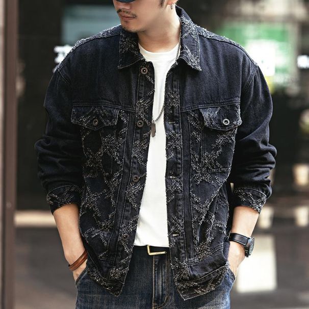 High-end Heavy Industry Jacquard Denim Jacket Men's Spring And Autumn New Loose Large Size Trend Ruffian Handsome Tough Guy Hunting Jacket_viptrois.com