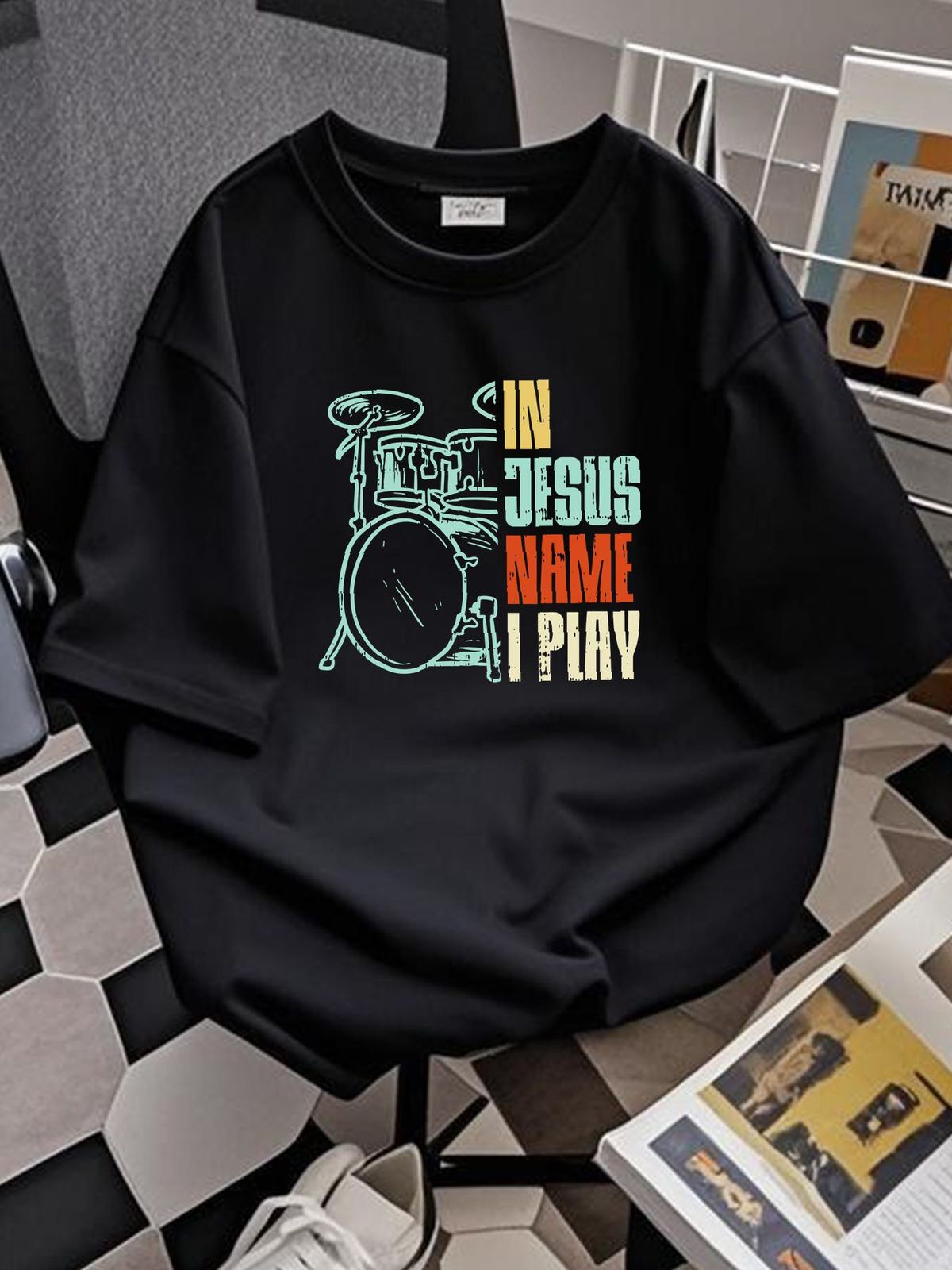 Jesus Name I Play Drums God Drumming Music Christian Drummer T Shirt Unisex Versatile Top For Everyday Wear Soft Designer Clothes Stretched Casual_viptrois.com