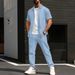 Men's Clothing Men's Summer New Solid Color Jacquard Cardigan Short Sleeved Jacket Trousers Casual Suit_viptrois.com
