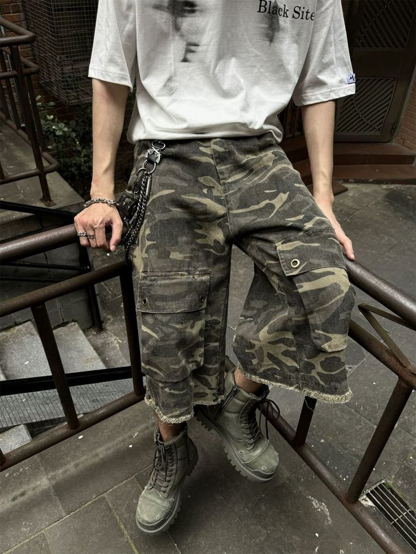 Men's Clothing Retro Destroyed Washed Pocket Workwear Camouflage Cropped Pants Men And Women Trendy Loose Casual Straight Shorts_viptrois.com