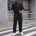 Men's Chinese Style Two Piece Suit Stand up Collar Short Sleeved Black Breathable Thin Casual Elastic Waist Trousers for Commuting_viptrois.com