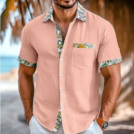 Men's Clothing Shirt Beach Vacation Pocket Loose Contrast Color Print Short Sleeved Shirt_viptrois.com