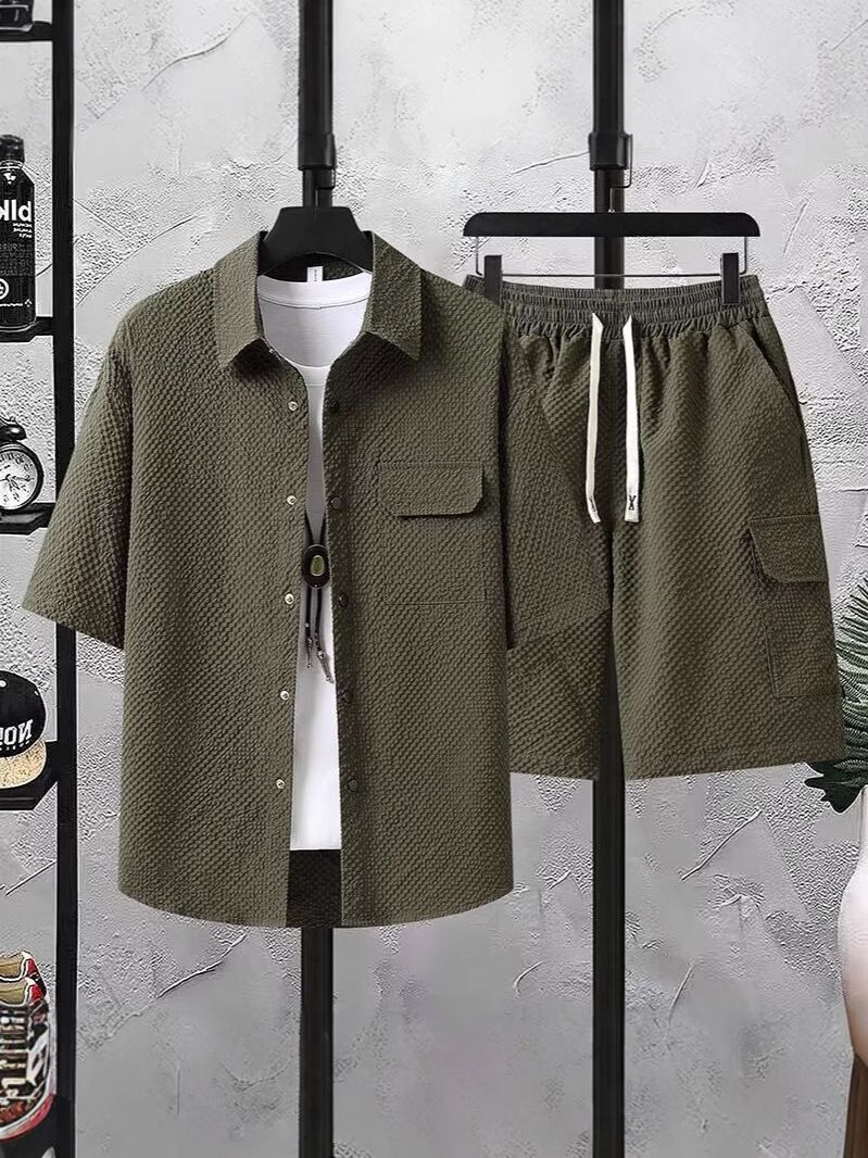 Men's Clothing Men's Casual Short Sleeve Shirt & Shorts Set - Breathable Summer Outfit, Slim Fit, Comfortable Polyester Blend, Trendy Streetwear_viptrois.com