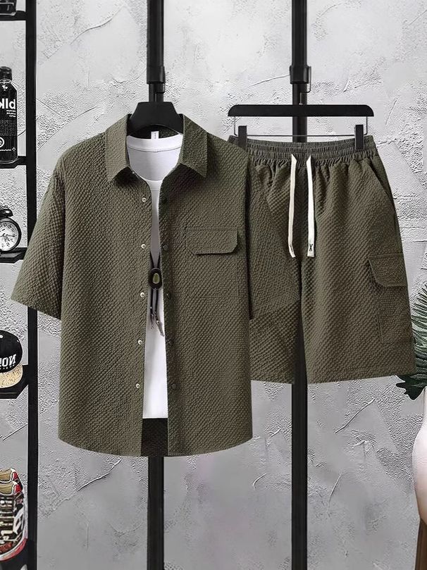 Men's Clothing Men's Casual Short Sleeve Shirt & Shorts Set - Breathable Summer Outfit, Slim Fit, Comfortable Polyester Blend, Trendy Streetwear_viptrois.com