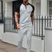 Men's Waffle-Knit Color Block T-Shirt & Pants Set - Breathable Summer Casual Outfit With Crew Neck (Green/Burgundy/Khaki/Grey, S-XXXL)_viptrois.com