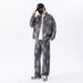 Men's American Style Trendy Jacquard Denim Jacket High Street Retro Loose Straight Leg Jeans Suit For Spring Autumn_viptrois.com