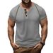 Men's New Waffle Henley T-Shirt Solid Color Vintage Insert Short Sleeve Top_viptrois.com