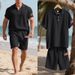 Summer Men's Breathable Linen Heavy Embroidery Independence Day Flag Lapel Loose Shirt Short Sleeve Shorts Suit_viptrois.com
