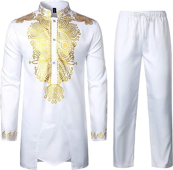 Men's Clothing Men's Ethnic Style Muslim Robe Hot Stamping Long Sleeve Trousers Casual Suit_viptrois.com