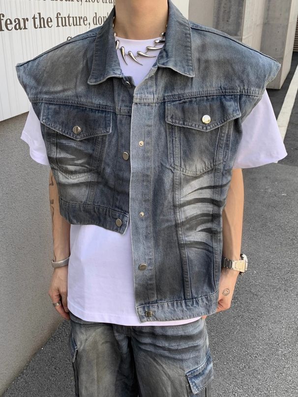 Men's Clothing Summer And Autumn Gradient Color Washed Design Retro Distressed Denim Vest Jacket Pleated Textured Sleeveless Jacket_viptrois.com