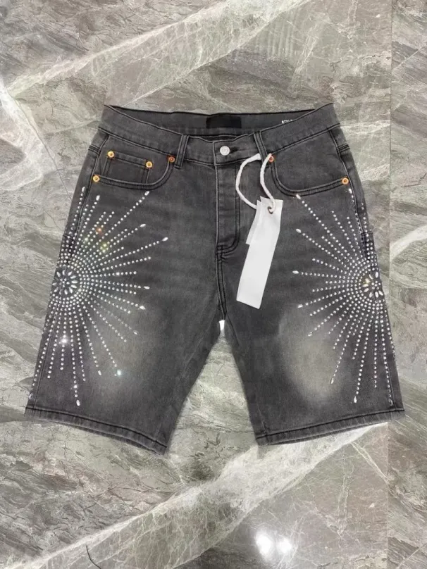Men's Pants Streetwear Vintage Rhinestone Sequin Denim Short Y2K Jeans Hip Hop Washed Shiny Baggy Shorts Low Waist_viptrois.com