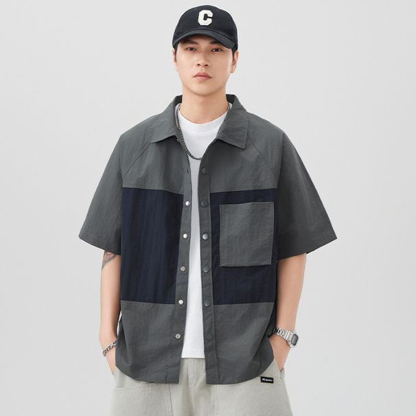 Summer New Workwear Color Blocked Lapel Short Sleeved Shirt Men, Trendy Loose Five And A Half Sleeve Top For Men_viptrois.com
