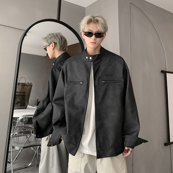 Men's Clothing Retro Versatile Zipper Loose Motorcycle Suit Pu Leather Jacket_viptrois.com