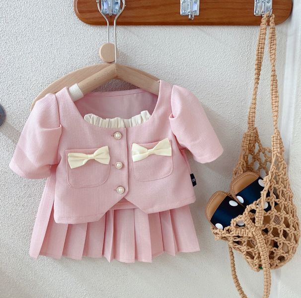 Kids Clothing Girls Clothing Small Bowknot Short Sleeves Plus Pleated Skirt Two Piece Set_viptrois.com