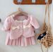 Kids Clothing Girls Clothing Small Bowknot Short Sleeves Plus Pleated Skirt Two Piece Set_viptrois.com