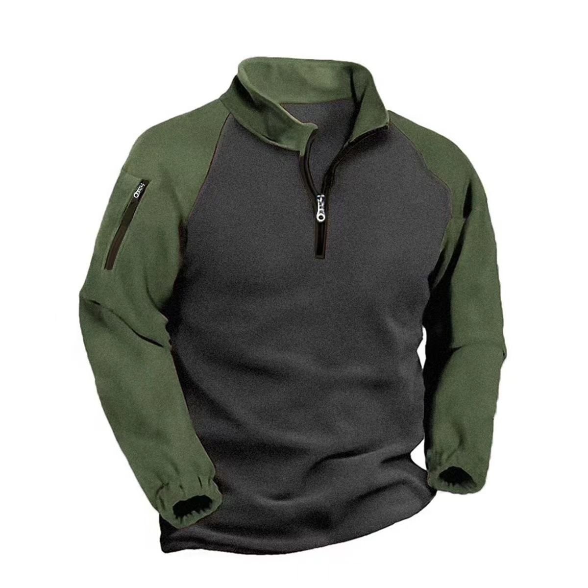 Men's Tactical Fleece Pullover – Zip-Up Stand Collar Sweater – Color Block Streetwear (S-XXXL)_viptrois.com