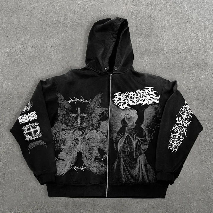 New Angel Print Hoodie Zipper Unisex Loose Sweater Y2K Retro Style_viptrois.com