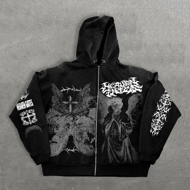 New Angel Print Hoodie Zipper Unisex Loose Sweater Y2K Retro Style_viptrois.com