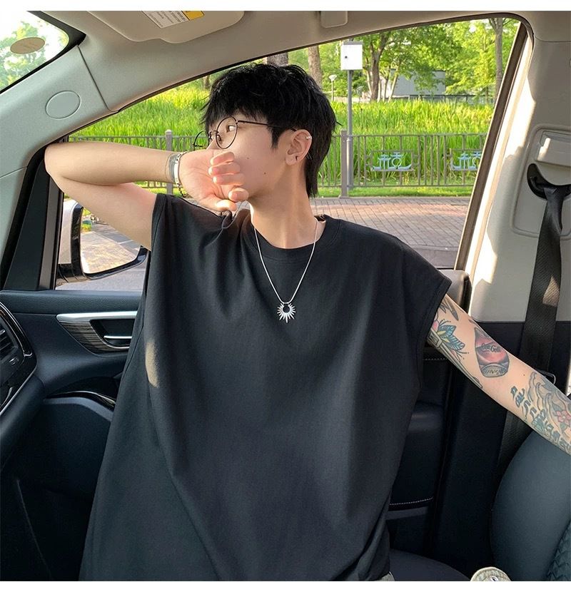 220G Pure Cotton Vest For Men, Summer Trendy Solid Color T-shirt, Student Sports Undershirt, Loose And Breathable_viptrois.com