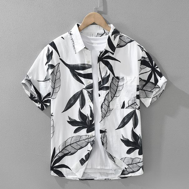 Leaf Print Fresh Short Sleeved Shirt For Men, Fashionable And Versatile, Artistic And Casual Loose Top_viptrois.com