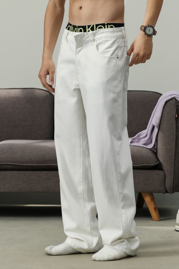 Men's White Straight Leg Jeans - Classic Cotton Denim Pants For Teenagers & Young Adults - Relaxed Fit Washed Casual Trousers_viptrois.com